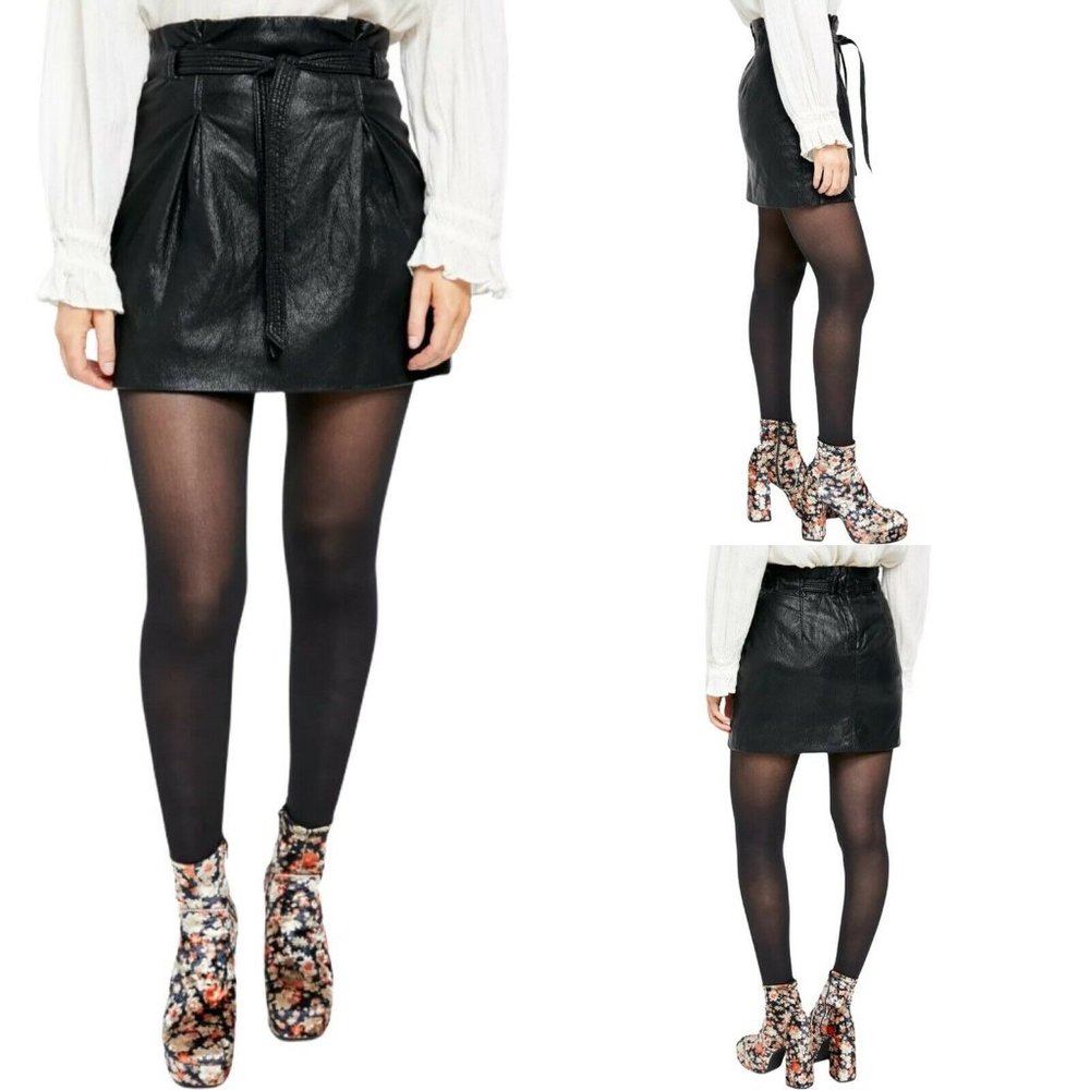 Free People Payton Paperbag Black Faux Leather Tie Waist Mini Skirt - Picture 1 of 11